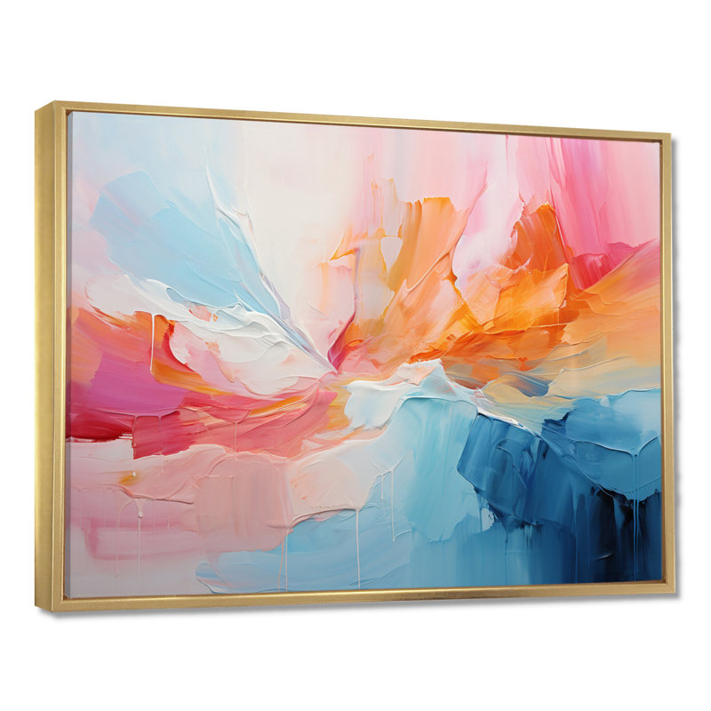 «Pink Bliss Sunset Celebration», art mural abstrait, Toile avec cadre flottant or, H 24 po x l 32 po x P 1 po