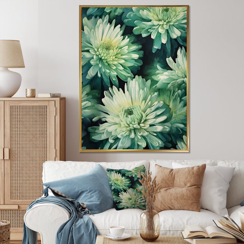 «Green Green White Chrysanthemums Melody I» sur toile, Cadre flottant doré, H 32 po x l 16 po x P 1 po