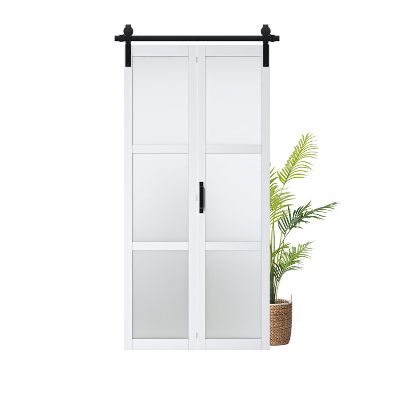 Glass and Solid Manufactured Wood Sliding Bi-Fold Barn Door with Installation Hardware Kit, 40" x 84"
