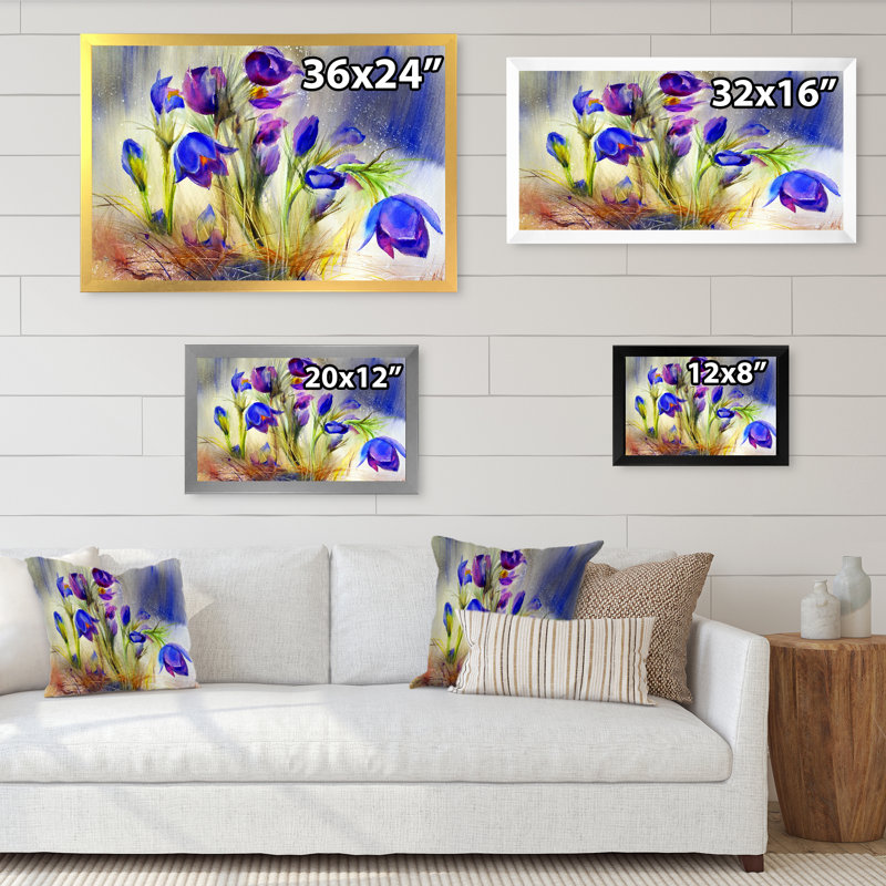«Beautiful Blue Spring Flowers», reproduction de cadre photo sur toile, Cadre doré, H 24 po x l 36 po x P 1 po