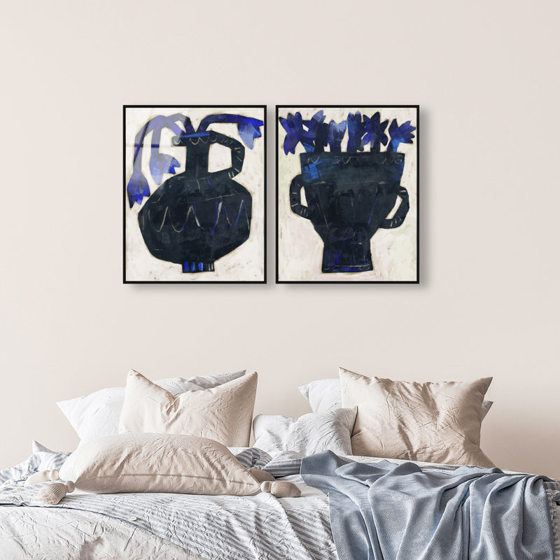 Indigo Vases Set Set by Oliver Gal, 62"H x 50"W, Black Floater Frame