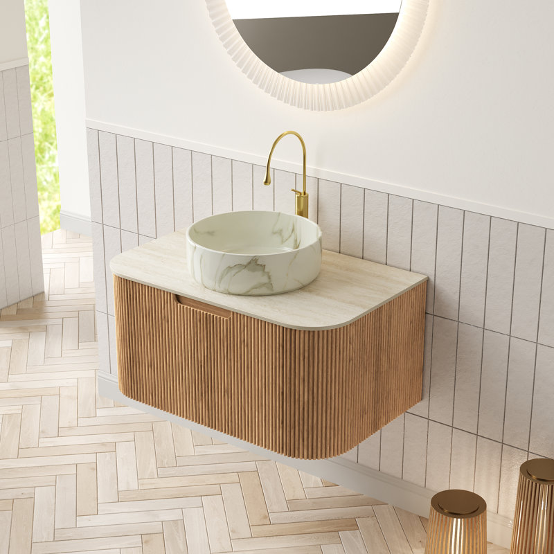 Dina 30" Bathroom Vanity&Sink, Floating Curved Edges Striped Cabinet With Drawer, Round Ceramic Basin With Stone Pattern&Travertine-Pattern Sintered Stone Top, Pre-Assembled, Natura Woodgrain Color