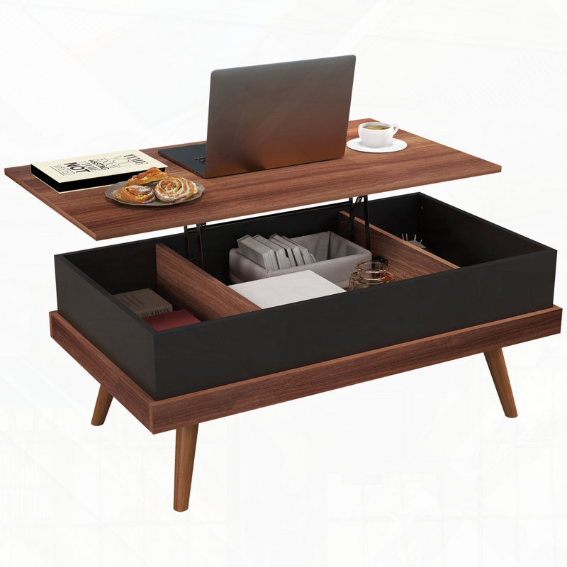 Table basse à plateau relevable avec compartiments cachés et pieds en bois