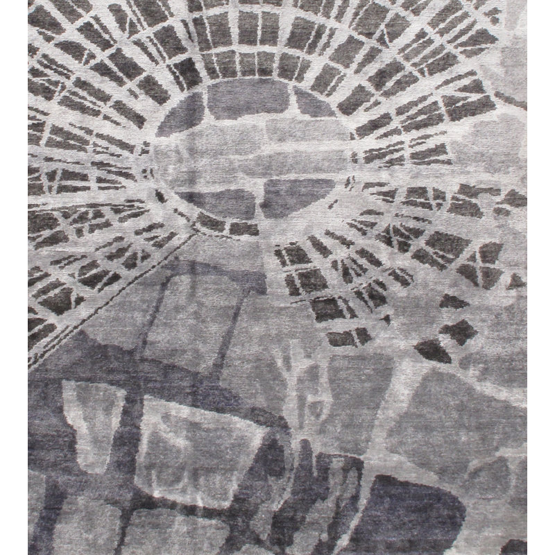 Tapis gris abstrait en soie noué à la main, Rectangle 10 pi 2 po x 14 pi