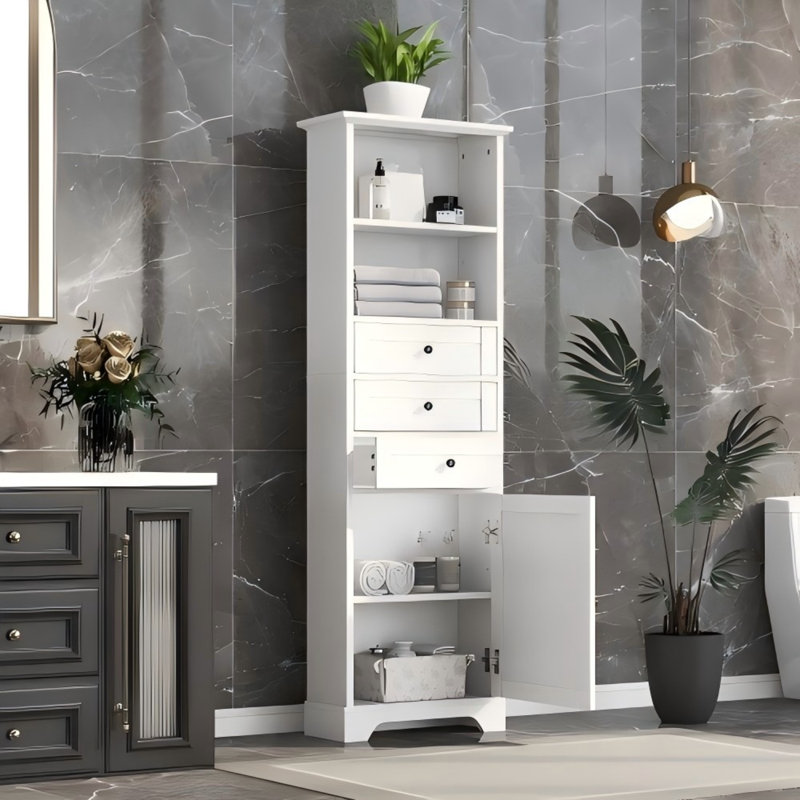 Armoire de salle de bain autoportante Anegada, armoire de rangement haute avec 3 tiroirs et tablettes réglables, Blanc