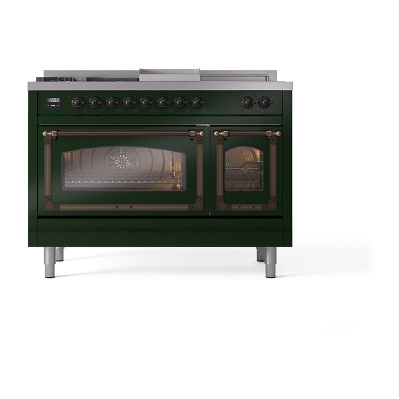 ILVE Nostalgie II Noblesse 48 inch Dual Fuel Range (5 Sealed Burners + Griddle + French Top, Triple Glass Door), Burnished