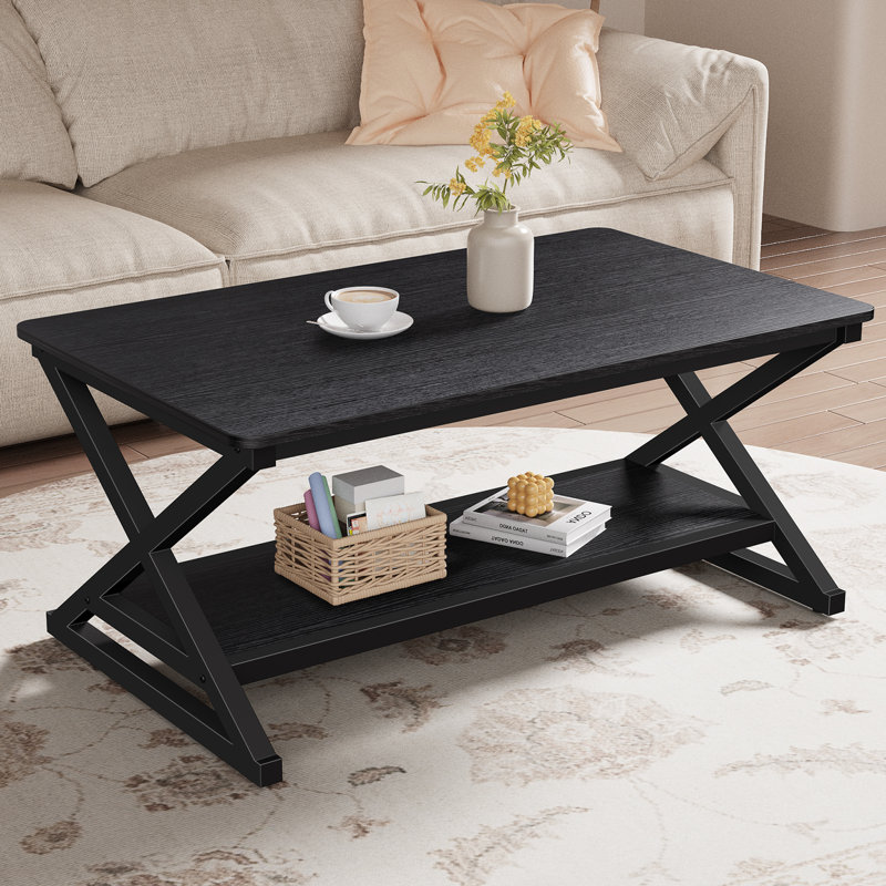 39.4" Black Rectangular Coffee Table with Storage Shelf for Living Room,350lbs Load Capacity, Easy Assembly, Black