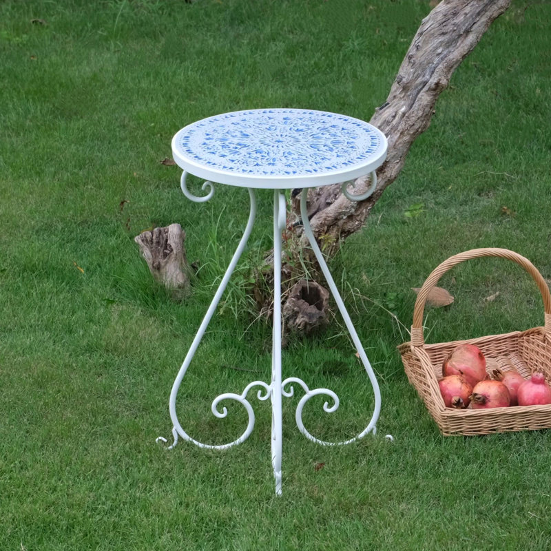 Ceramic Top End Table Patio Side Table,Vintage Metal Plant Stand, Round Accent Table for Porch,Patio, Balcony, Living Room Decor