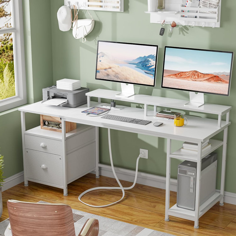 61" Desk With LED Light & Power Outlets, Reversible Computer Table With File Cabinet & Drawer, White Gaming Desk Writing Table With Dual Monitor Stand, For Home/Office