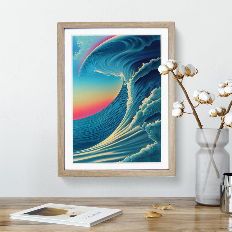 Sunset Ocean Wave - Single Picture Frame Painting, 46cm H x 34cm W x 2cm D, Oak Framed