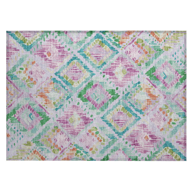 Lavender and Green Geometric Pattern Washable Synthetic Rug