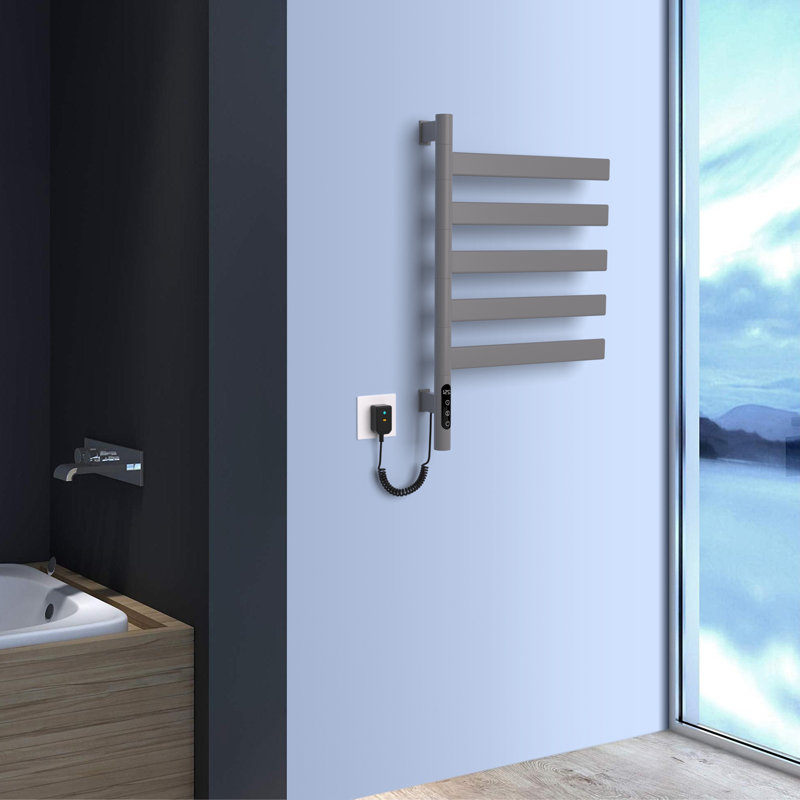 Porte-serviettes chauffant de 26,6 po x l 17,7 po pour salle de bain, chauffe-serviettes rotatif à 180 ° avec barre plate 5