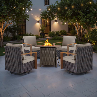 Drazen 4 - Person Patio Furniture Set With Fire Pit Table, All-Weather Wicker Outdoor Conversation Set With Chair And Thick Cushions