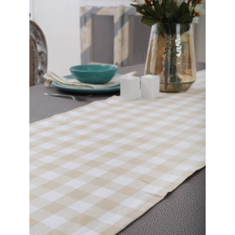 Alicio Gingham 100% Cotton Table Runner, Beige/White, 16" X 72"