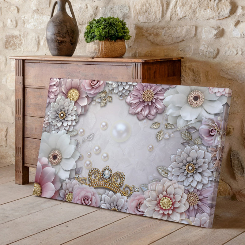 Toile sur fond flou luxueux avec un arrangement délicat d'art mural rose pastel et fleurs blanches entrecoupées d'art sur toile
