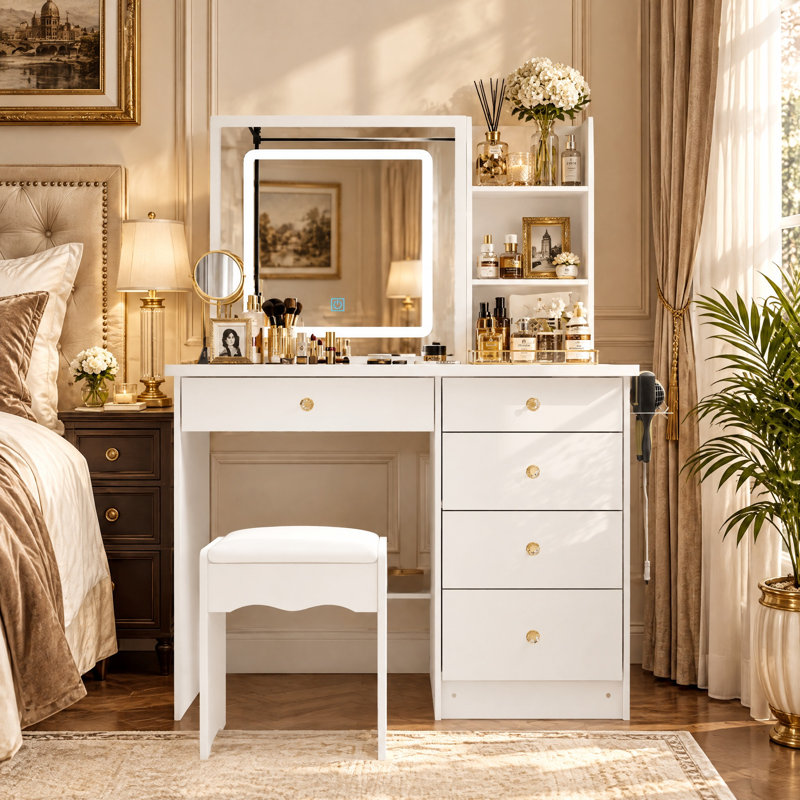 39.4" W Makeup Vanity with Sliding 3-Color Dimmable Mirror, 5 Drawers, Charging Station and Stool, White
