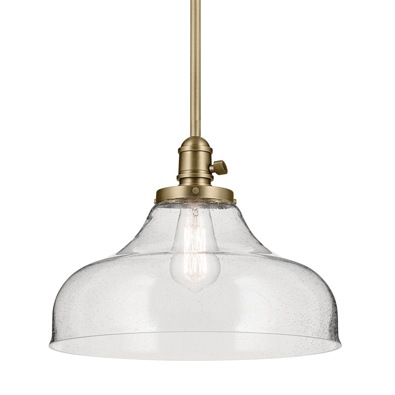 1-Light Natural Brass Bell Pendant with Clear Seeded Glass Shade, Natural Brass