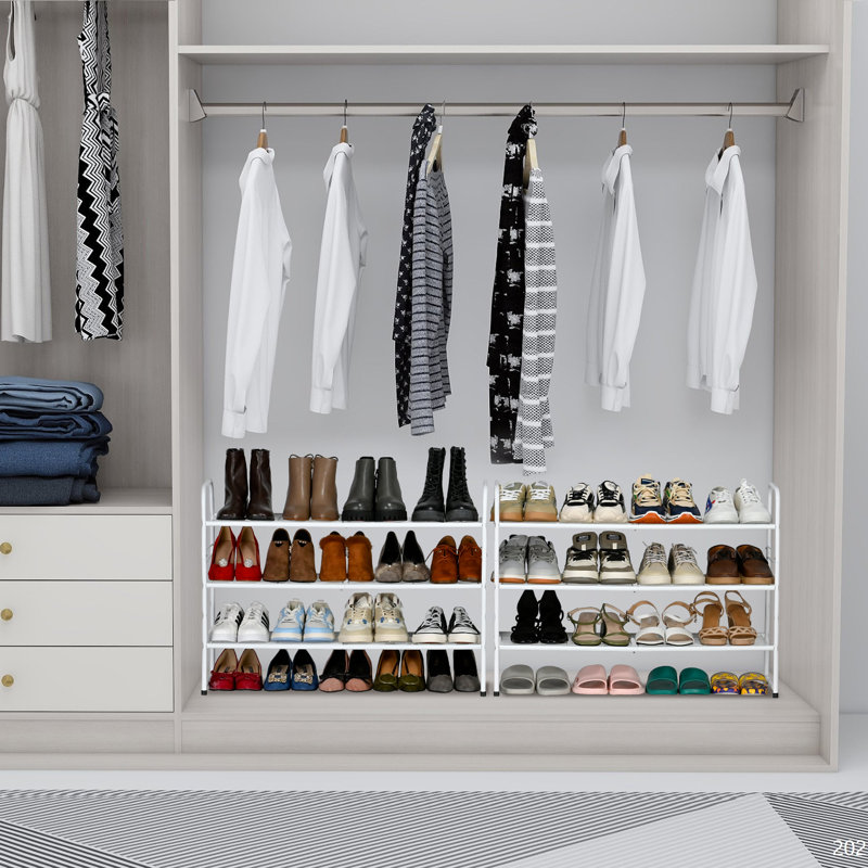 32'' Wide 3-Tier Wire Grid Shoe Rack Shelf for Closet Stackable and Adjustable, White