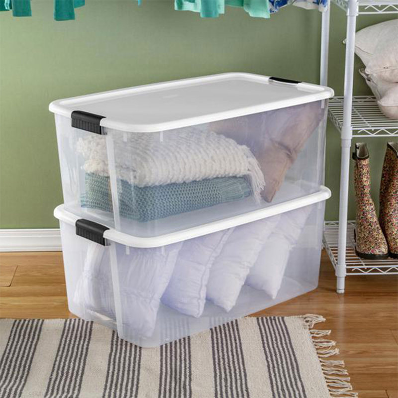 Bac de rangement empilable en plastique transparent avec couvercle blanc Sterilite