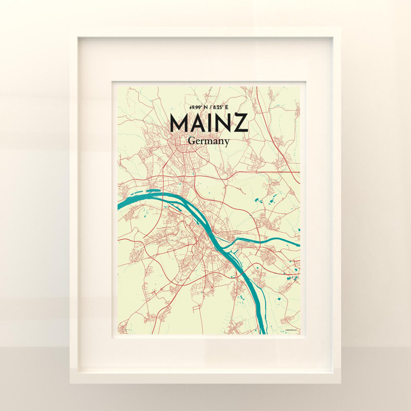Mainz City Map in Tricolour 1 Piece Wall Art, 20cm H x 16cm W x 0.05cm D