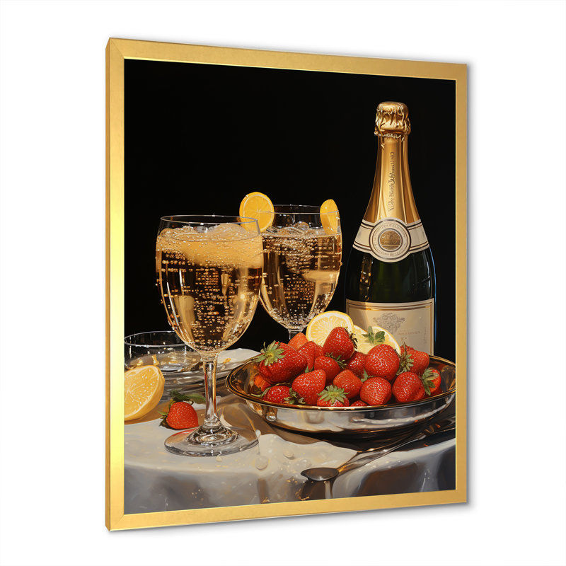 Champagne avec fraise - Champagne, art mural, Cadre doré simple, H 40 po x l 30 po x P 1,5 po