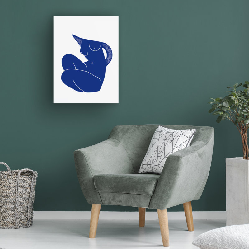 Petit doyen bleu assis sur toile nue, H 35 po x l 47 po