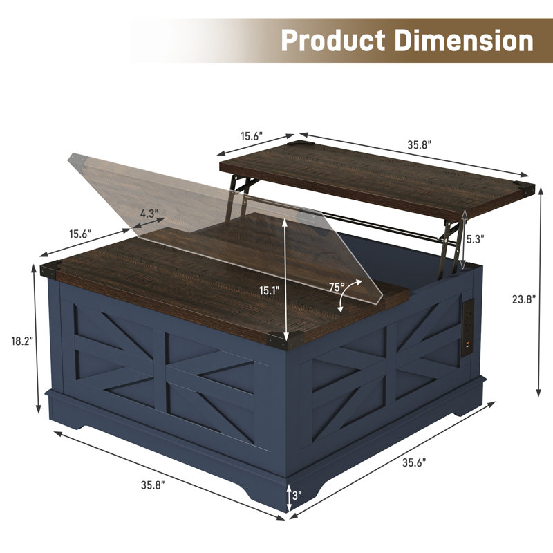 Table basse à plateau relevable 36 po Farmhouse, Brun, Marine