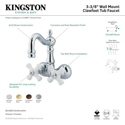 Kingston Brass Vintage Two-Handle 2-Hole Tub Wall Mount Clawfoot Tub Faucet