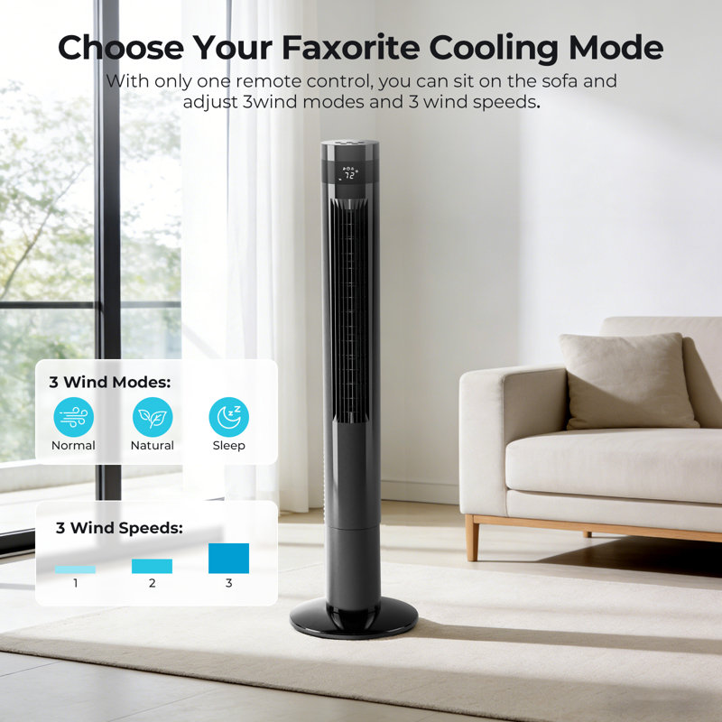 Electactic 43" Tower Fan With 85° Oscillation, Remote Control, 3 Modes & 12h Timer, Black