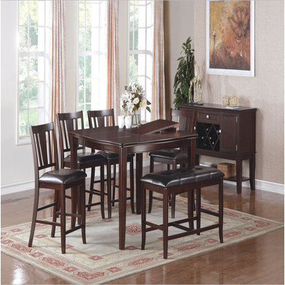 Ensemble de table de salle à manger à hauteur de comptoir contemporaine 6 pièces avec rallonge en forme de papillon 4 chaises et banc en bois d'hévéa avec coussins et meubles de salle à manger