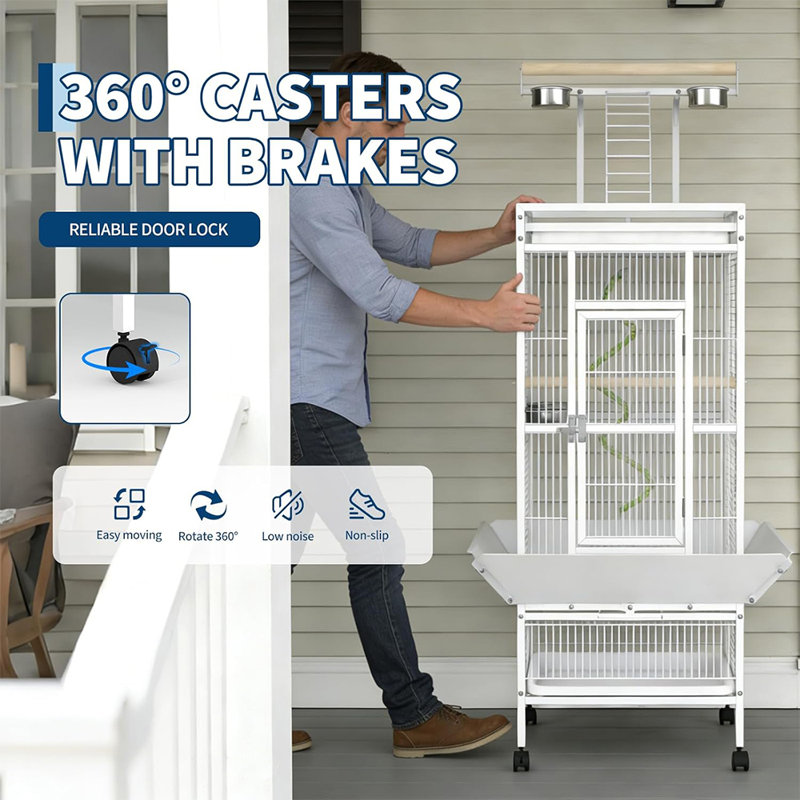 Cage à oiseaux 60 "avec plateau de jeu et cage en fer forgé sur roulettes
