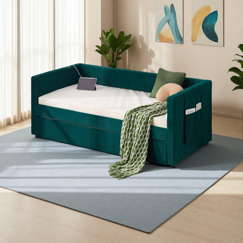 Lit de jour simple rembourré avec lit gigogne, port USB, poches latérales, dossier à profil en V moderne, aucun sommier nécessaire, pour chambre à coucher, chambre d'amis