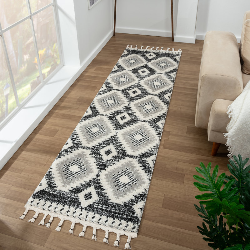 Tapis géométrique gris / ivoire, Tapis de couloir de 2 pi x 7 pi