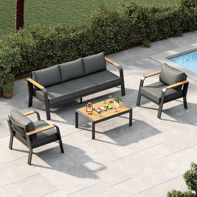 5-Seat Aluminum Patio Conversation Set with Coffee Table, Thick Washable Cushions, All-Weather Gray Metal Frame – for Balcony, Deck, Poolside