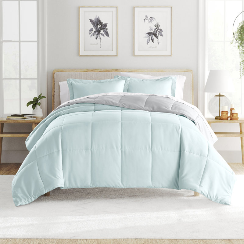 Aqua and Gray Reversible Down-Alternative Comforter Set, Full/Queen