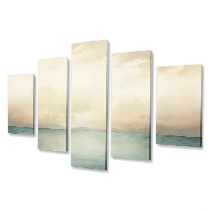 Coucher de soleil sur le lac, aquarelle minimaliste, salon, 5 panneaux