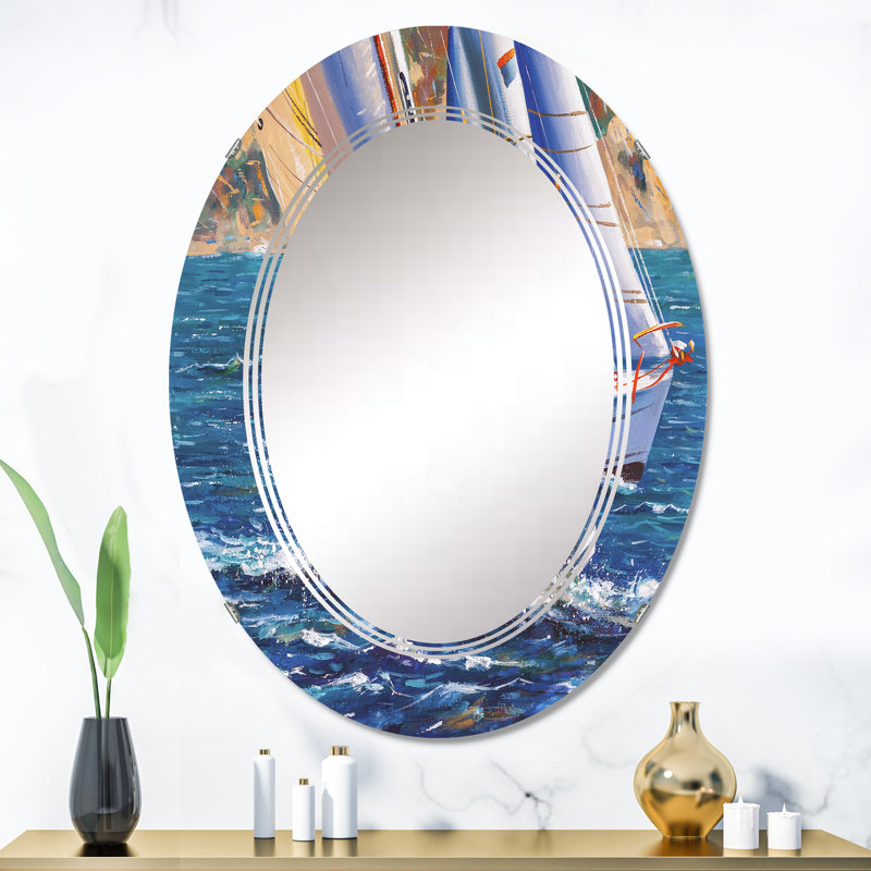 Voile régate sur mer sauvage - Miroir mural nautique et côtier ovale, 36 po x 24 po