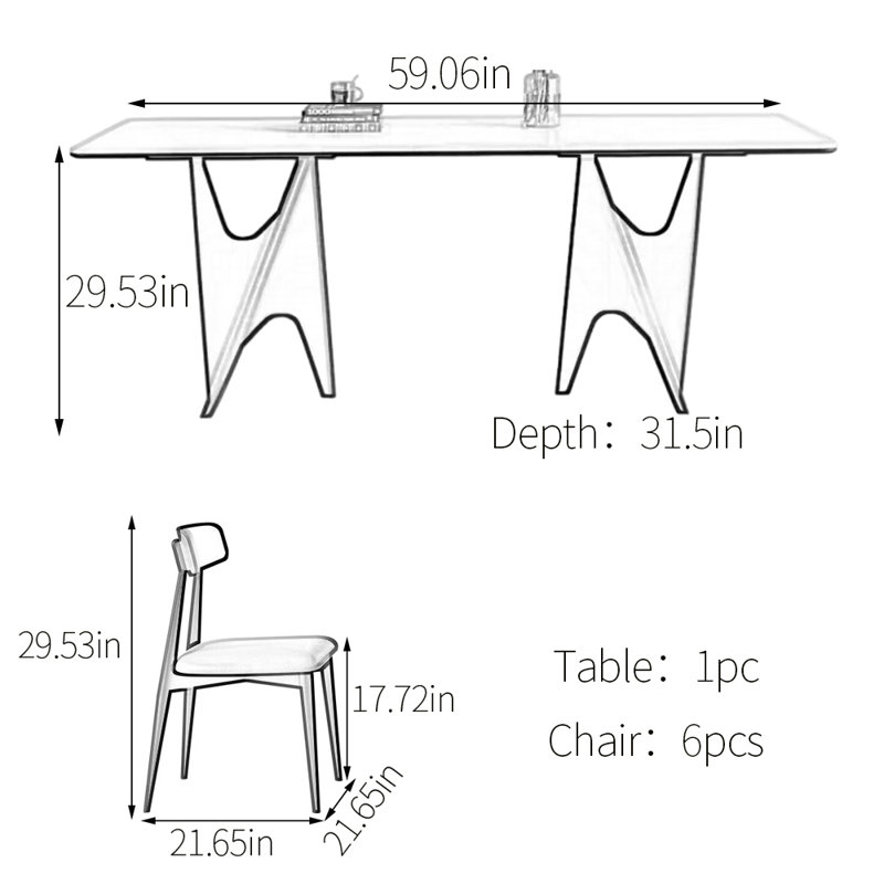 Table de salle à manger Natural Elegance, 7 pièces : table, 6 chaises, H 29,53 po x l 59,06 po x P 31,5 po