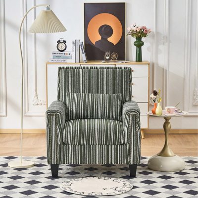 Fauteuil d'appoint avec accoudoirs, fauteuil rembourré confortable pour le salon, fauteuil rayé vert et blanc avec garniture cloutée, pour le salon, la chambre à coucher, un appartement, un bureau