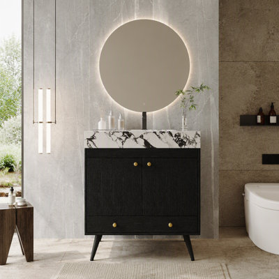 Meuble-lavabo autoportant contemporain avec plateau en faux marbre et lavabo en céramique, armoire de rangement à double porte de 30 po, bois d'ingénierie imperméable