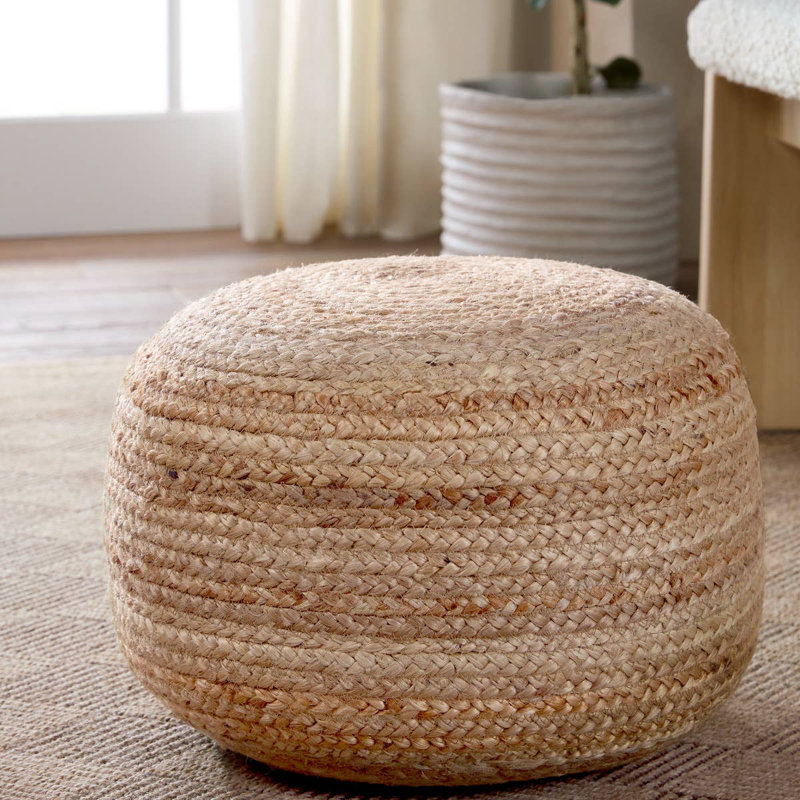 Teele 18" Wide Round Pouf Ottoman, Beige Jute