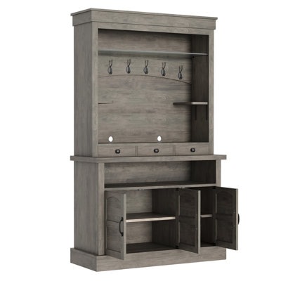 Farmhouse Buffet With 3 Drawers & Doors, Adjustable Shelves, Glass Shelf & Hooks, For Kitchen, Dining, Living Room