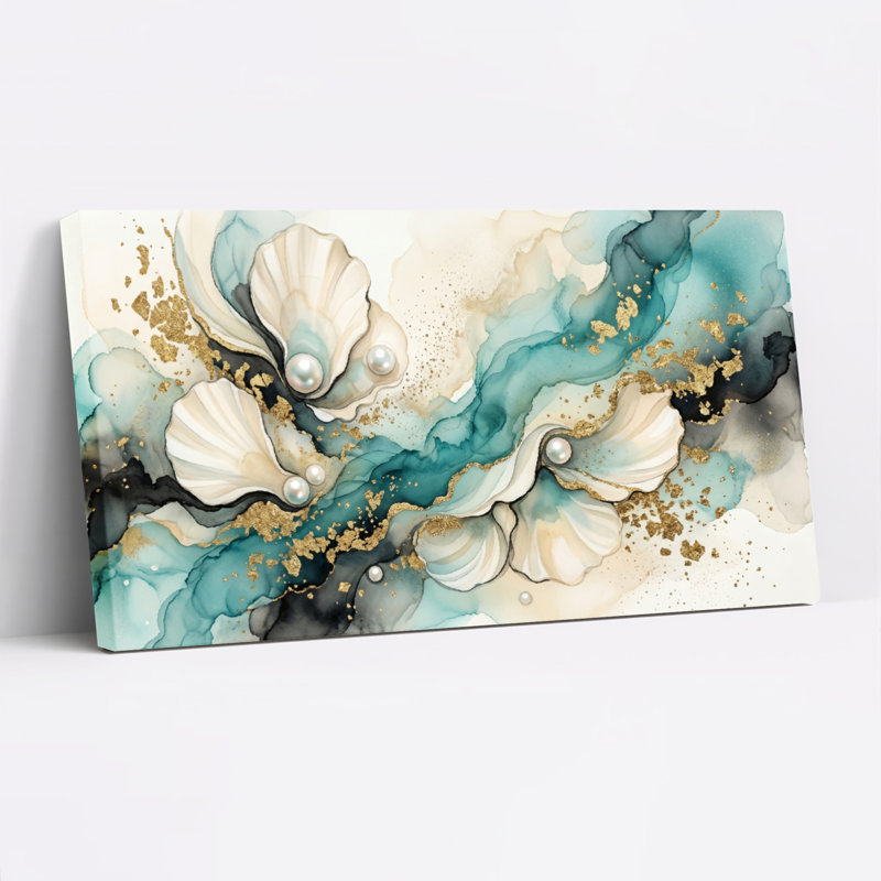 Ensemble de 1 tableau sur toile en forme de coquillage et de perle, 32“W x 16”H, Wrapped Canvas