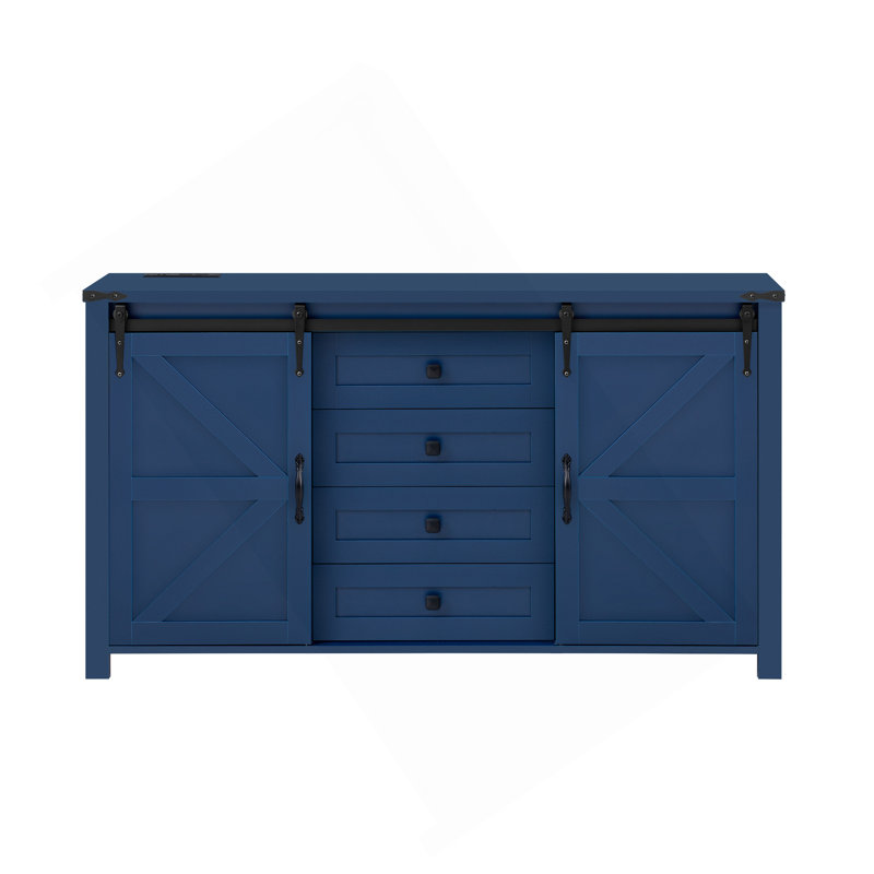 55.1-Inch Sideboard With Storage,Farmhouse Storage Cabinet With Sliding Barn Doors And 4 Drawers, Wood Buffet Table With Power Outlet