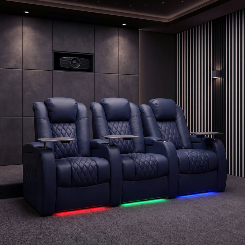 Siège de cinéma en cuir Ahlaya avec porte-gobelet, Cuir véritable bleu