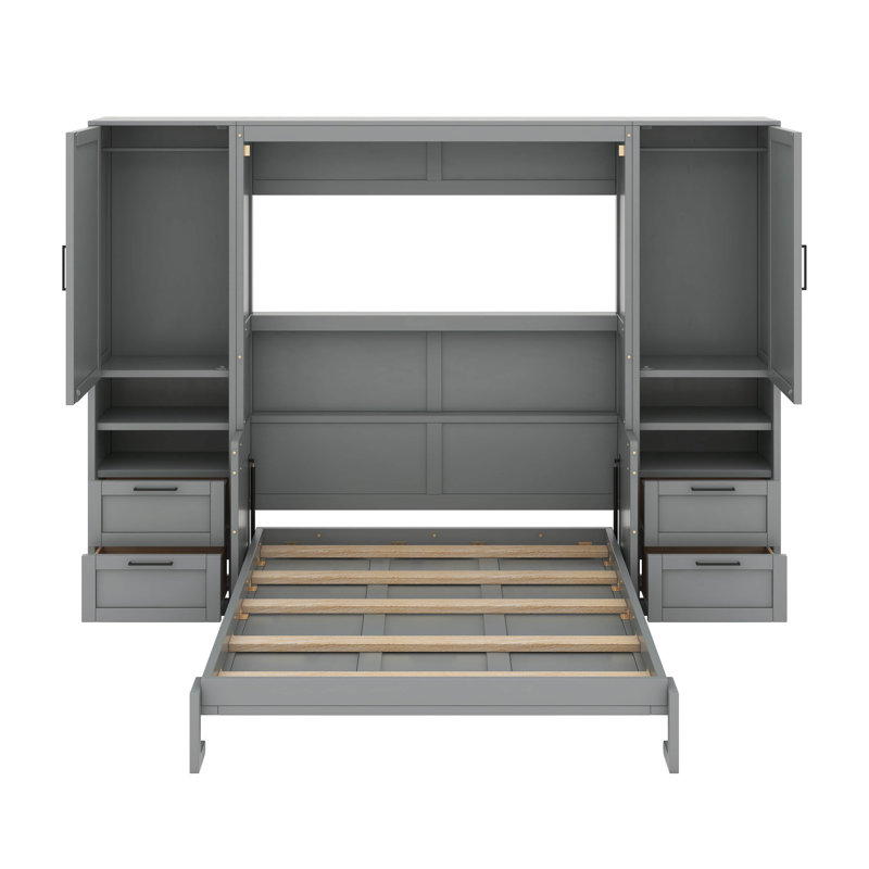 Grand lit escamotable avec placard, tiroirs et tablettes, Gris