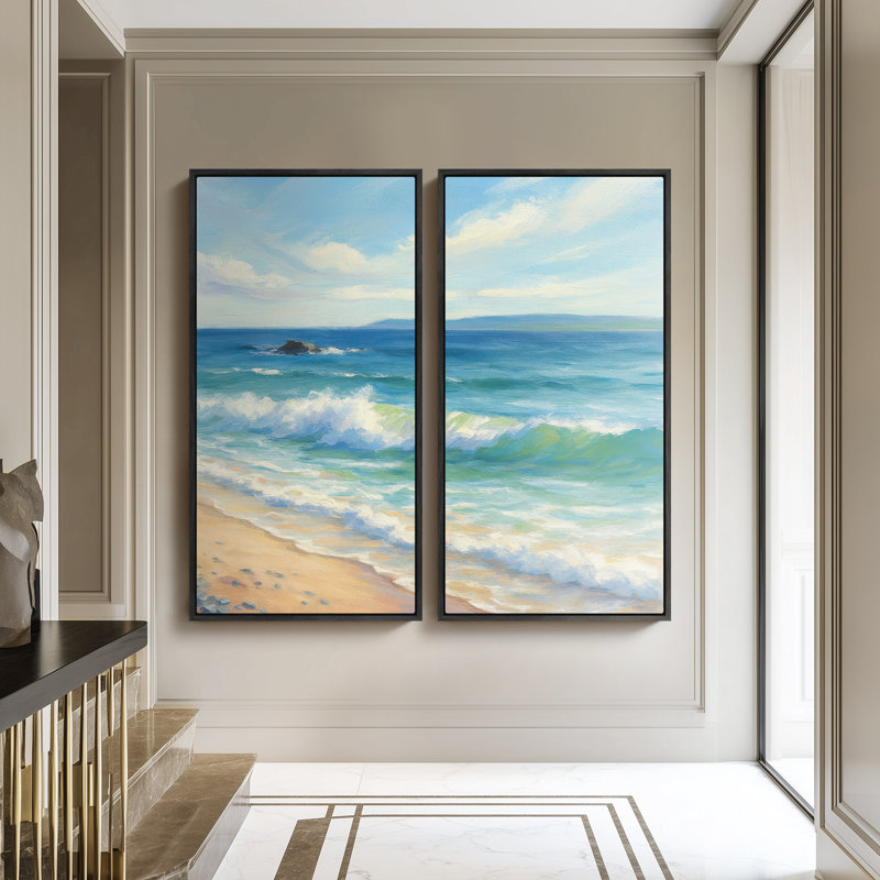 Grand ensemble d'art mural sur toile encadrée - Impressions de bord de mer bleu vif - 60 po x 20 po x 2 pièces, Noir