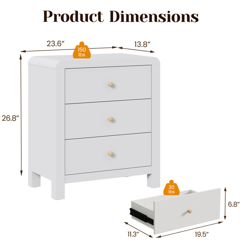 Table de chevet 3 tiroirs pour chambre à coucher, ensemble de 2, Blanc