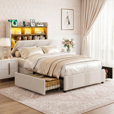 Très grande base de lit simple de 49,2 po de taille XL avec tête de lit tapissier avec rangement à oreilles et 4 tiroirs, lumières à DEL et station de charge, lattes en bois massif, aucun sommier requis, silencieux, blanc
