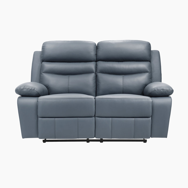 Causeuse inclinable manuelle en cuir fleur de qualité supérieure moderne de 64 po avec accoudoirs moelleux Kaniel, Bleu